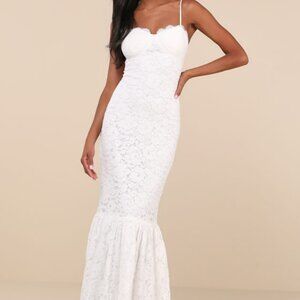 Lulus Instinctively Stunning White Lace Bustier Trumpet Maxi Dress - Size S